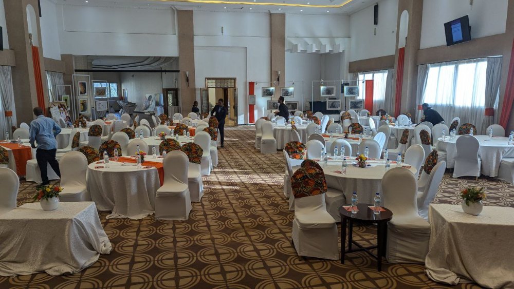 Banquet hall set for a gala dinner