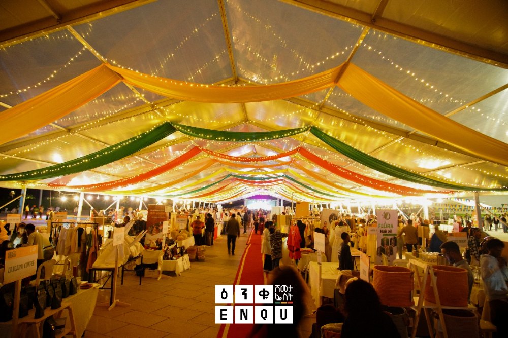 Tented trading hall dressed for the ENQU Shopping Festival