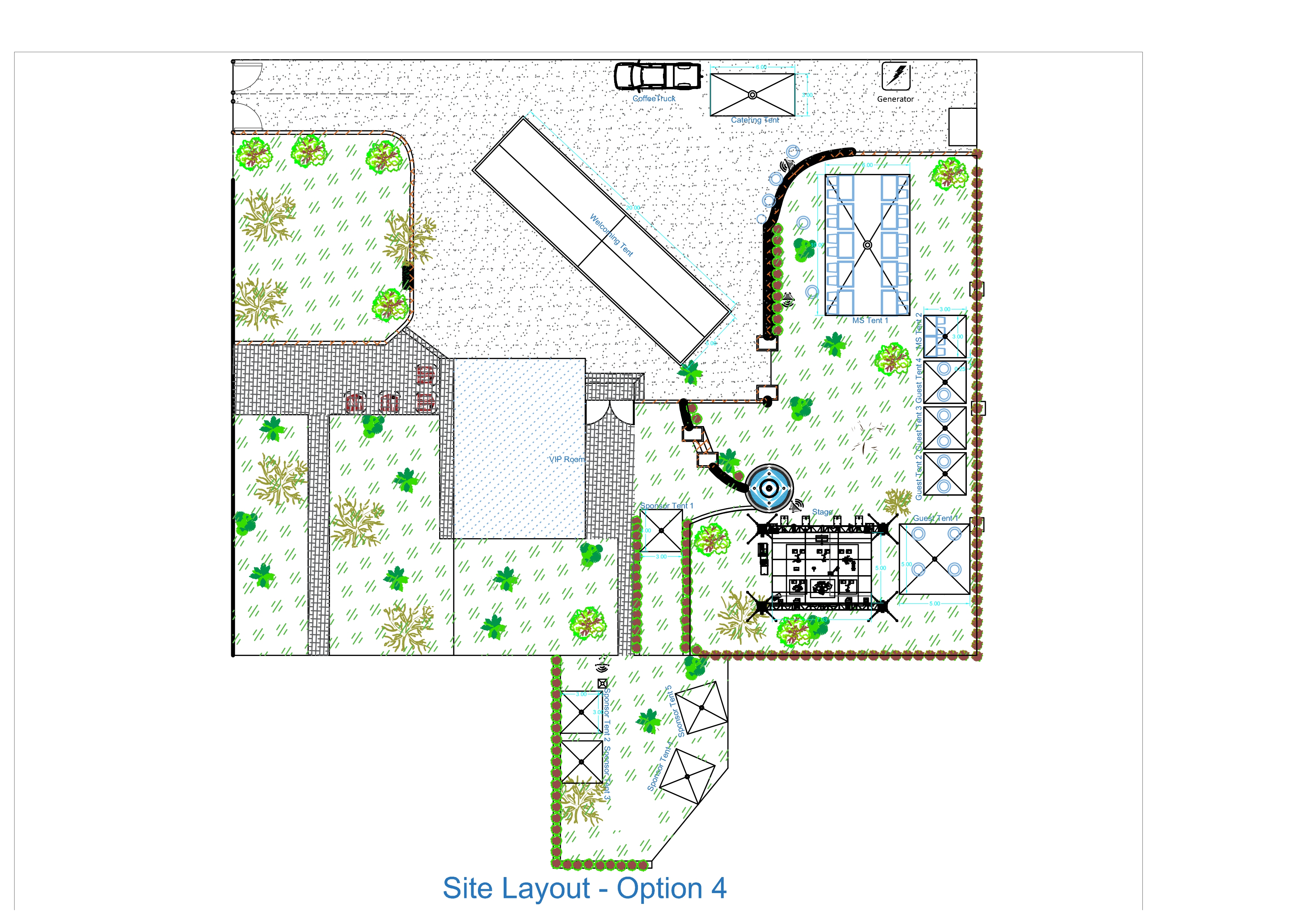 EU Day 2024 — site layout, option four: welcoming tent, guest tents, stage and sponsor row