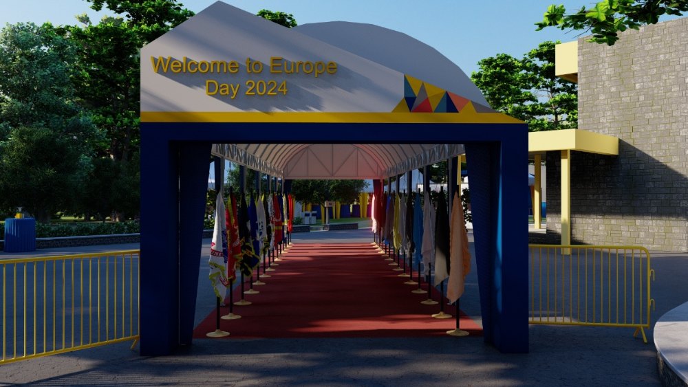 Welcome arch and carpeted approach, design visual