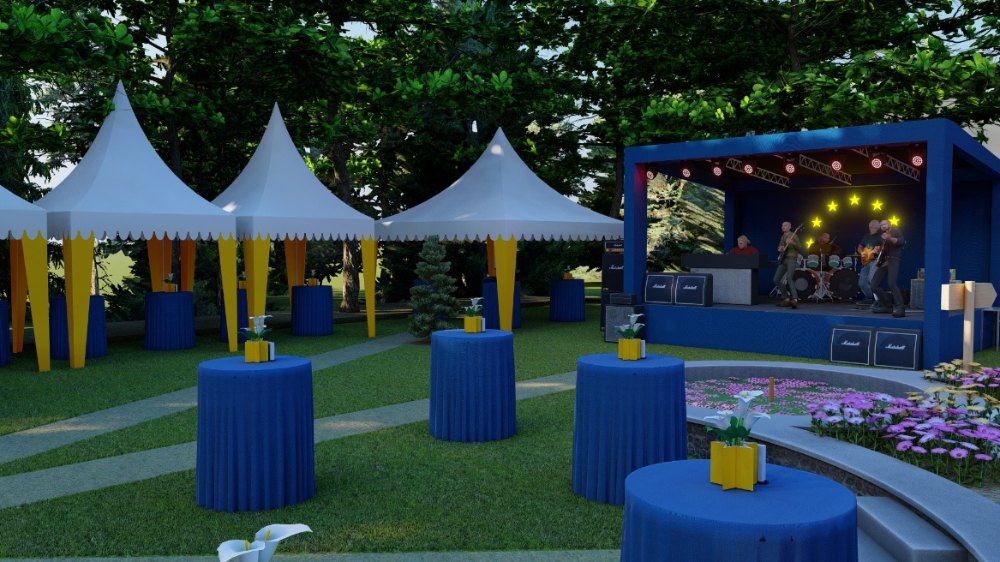 Garden reception visual: tents, stage and furniture plan